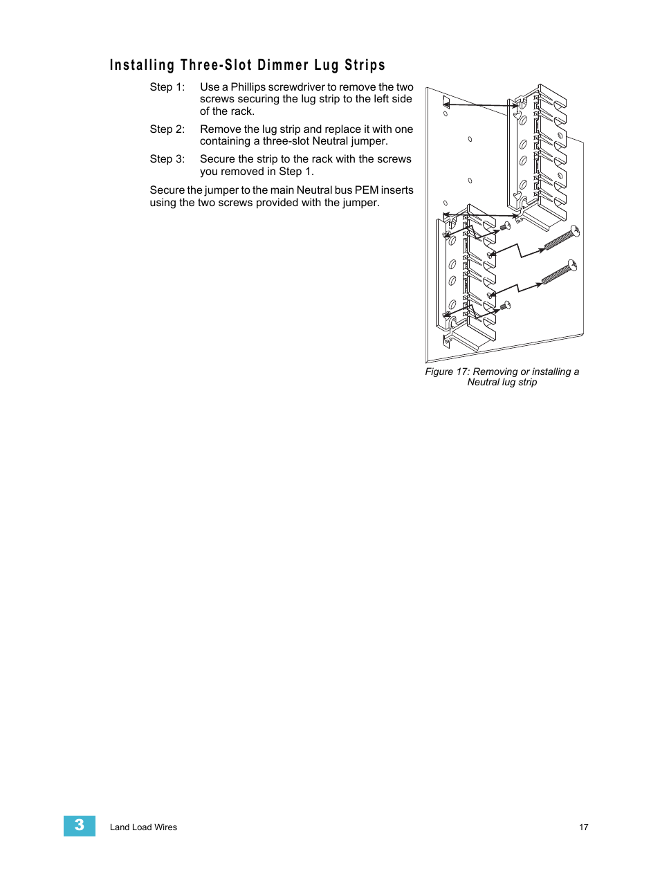 Installing three-slot dimmer lug strips | ETC Sensor3 CE (ESR3) Rack User Manual | Page 25 / 48