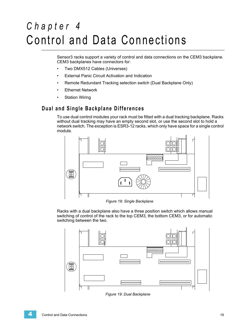 Control and data connections, Dual and single backplane differences, Tells | ETC Sensor3 CE (ESR3) Rack User Manual | Page 27 / 48
