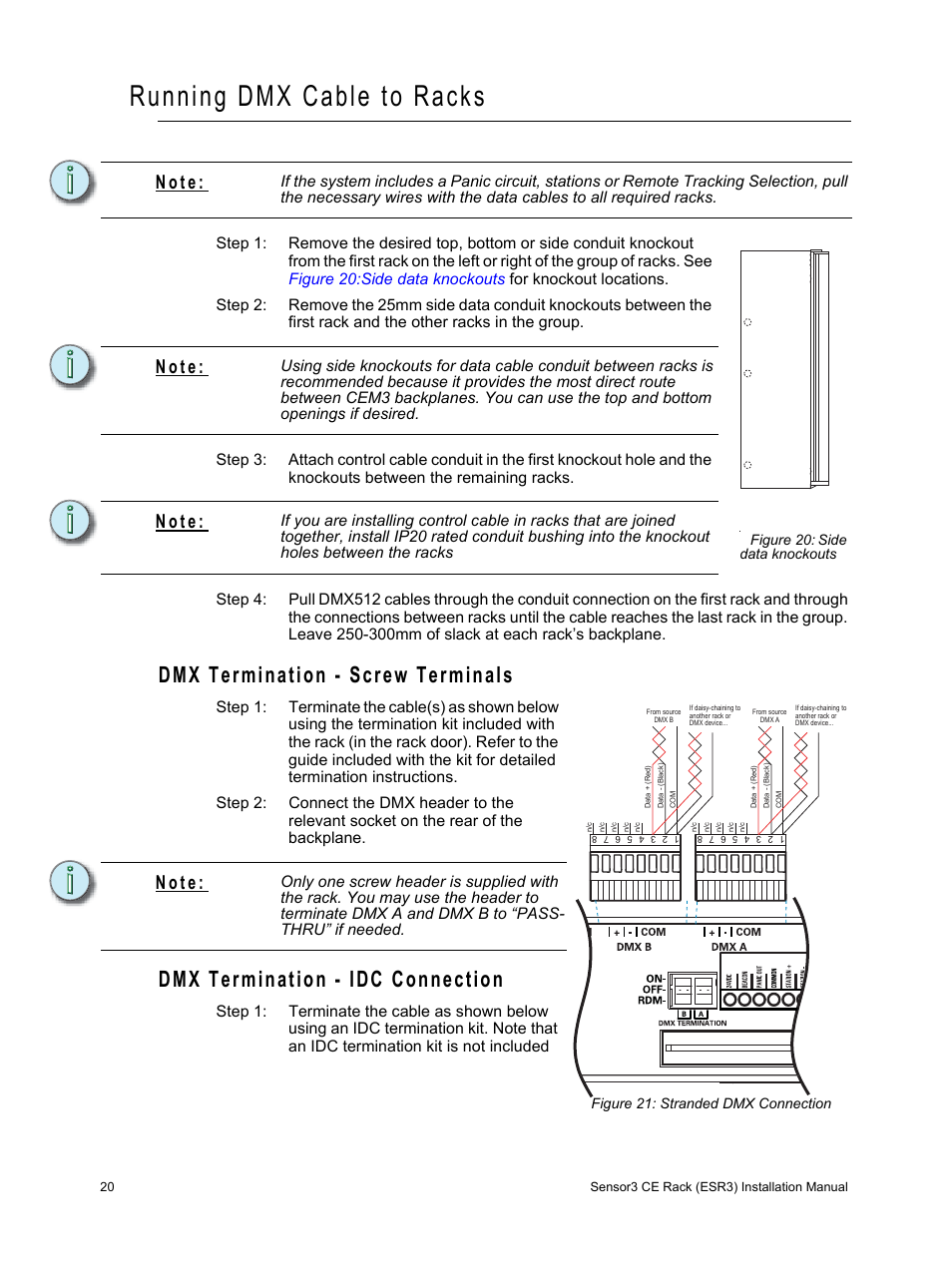 Running dmx cable to racks, Dmx termination - screw terminals, Dmx termination - idc connection | N o t e | ETC Sensor3 CE (ESR3) Rack User Manual | Page 28 / 48