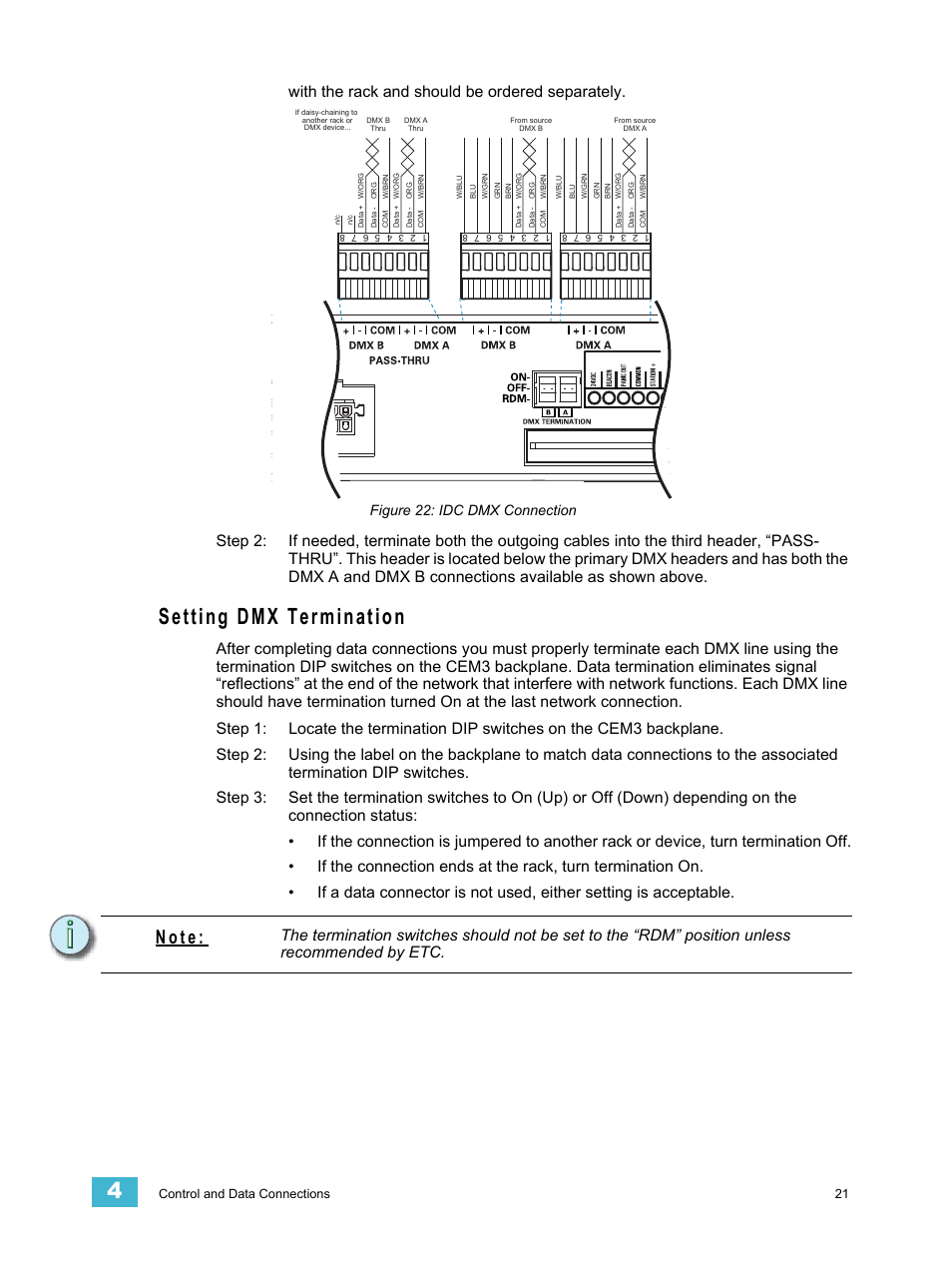 Setting dmx termination, N o t e, Figure 22: idc dmx connection | ETC Sensor3 CE (ESR3) Rack User Manual | Page 29 / 48