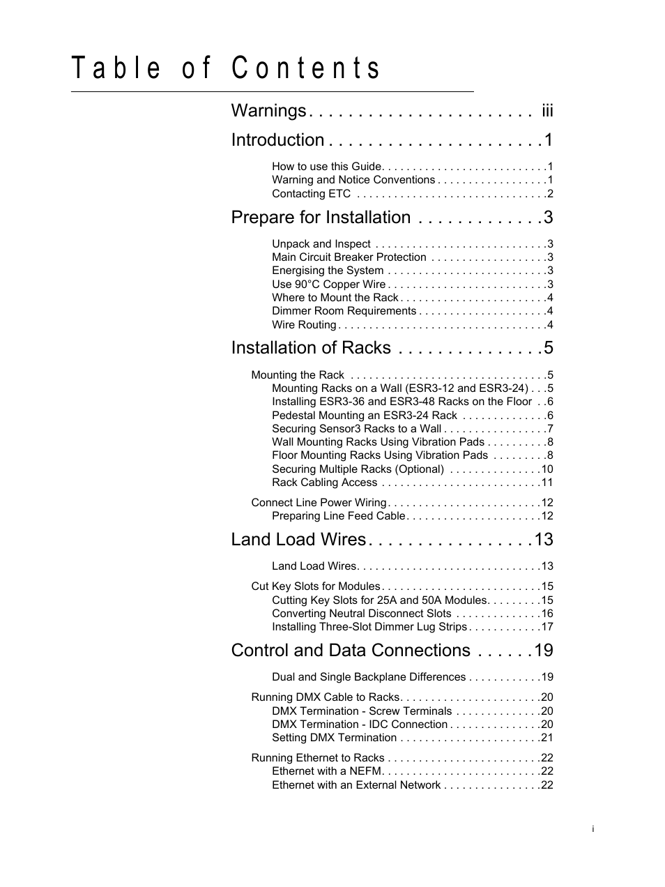 Prepare for installation, Installation of racks, Land load wires | Control and data connections | ETC Sensor3 CE (ESR3) Rack User Manual | Page 3 / 48