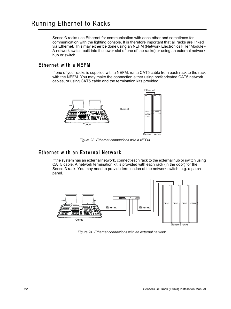 Running ethernet to racks, Ethernet with a nefm, Ethernet with an external network | ETC Sensor3 CE (ESR3) Rack User Manual | Page 30 / 48