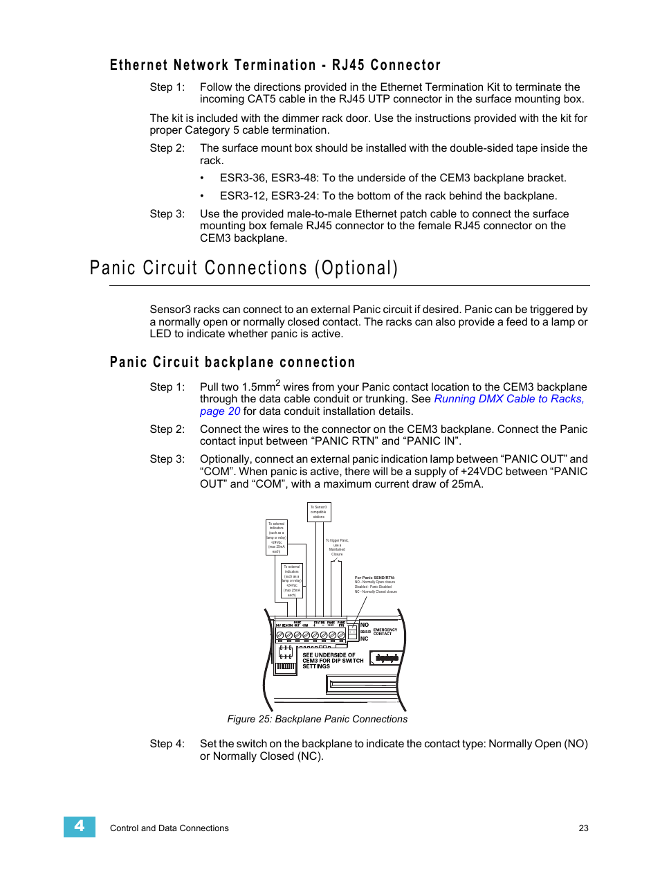 Ethernet network termination - rj45 connector, Panic circuit connections (optional), Panic circuit backplane connection | ETC Sensor3 CE (ESR3) Rack User Manual | Page 31 / 48