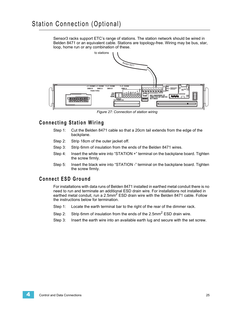 Station connection (optional), Connecting station wiring, Connect esd ground | Connecting station wiring connect esd ground | ETC Sensor3 CE (ESR3) Rack User Manual | Page 33 / 48