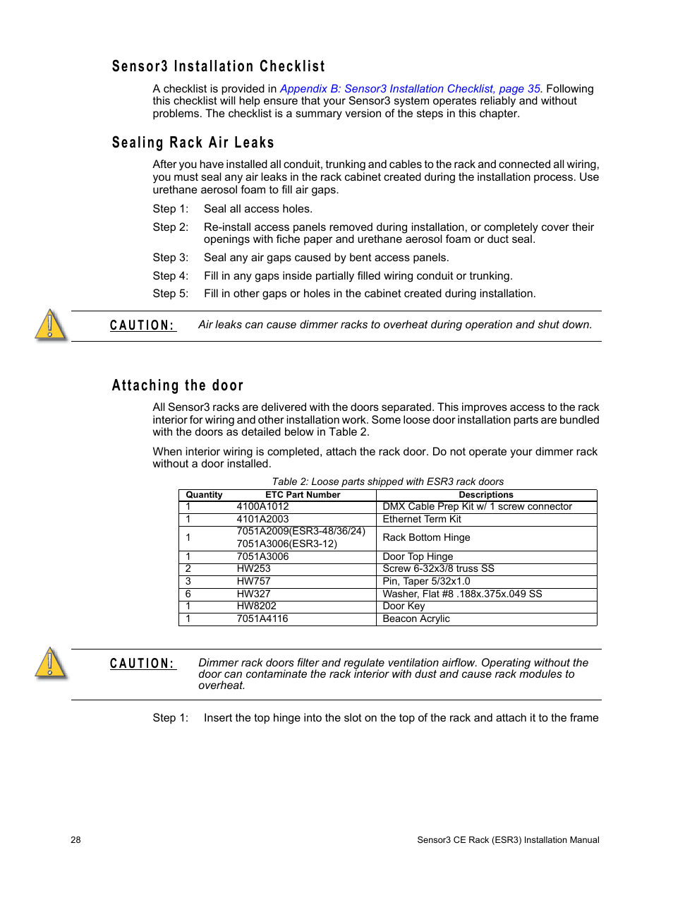 Sensor3 installation checklist, Sealing rack air leaks, Attaching the door | ETC Sensor3 CE (ESR3) Rack User Manual | Page 36 / 48