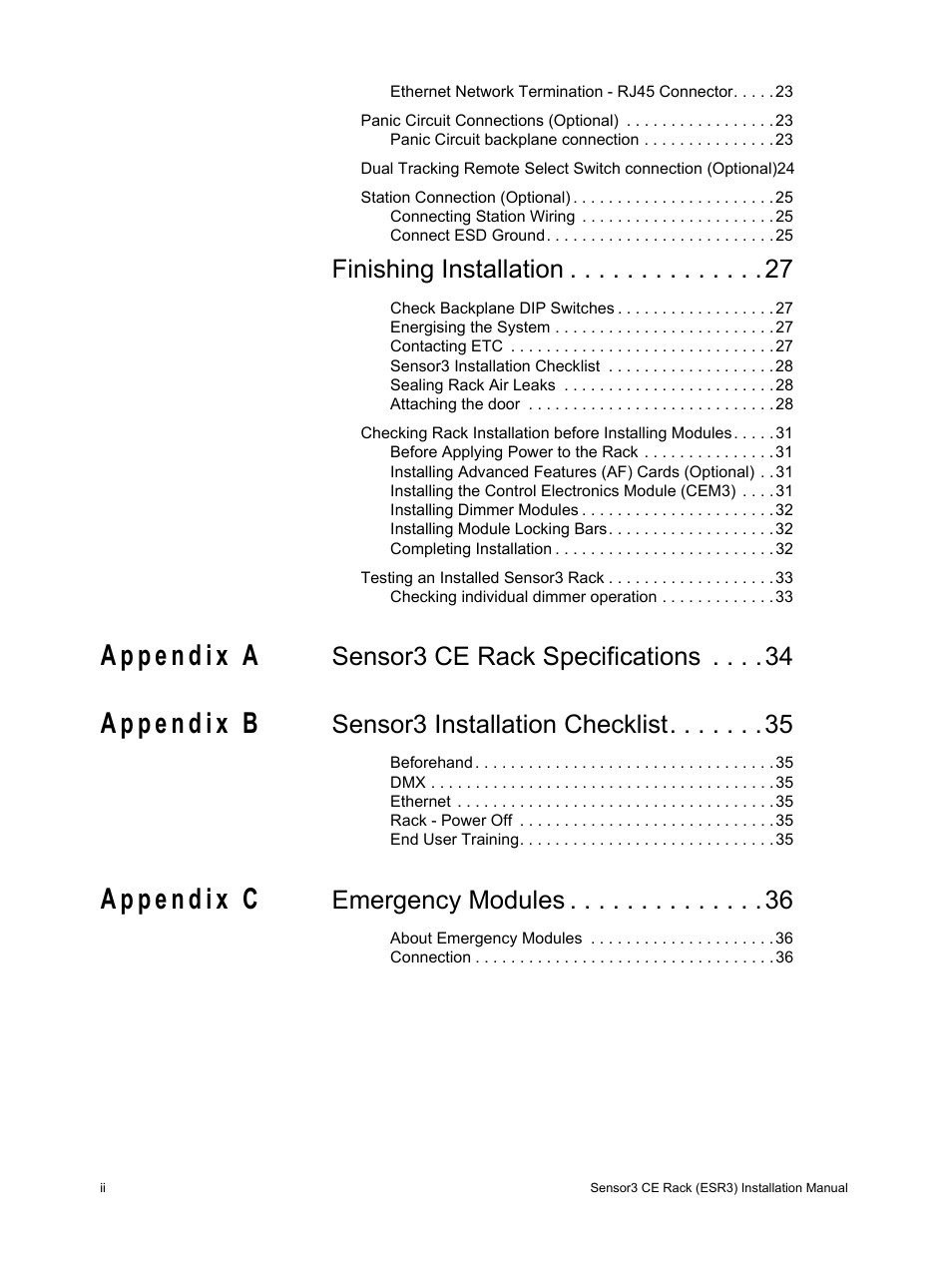 Finishing installation, Sensor3 ce rack specifications, Sensor3 installation checklist | Emergency modules | ETC Sensor3 CE (ESR3) Rack User Manual | Page 4 / 48