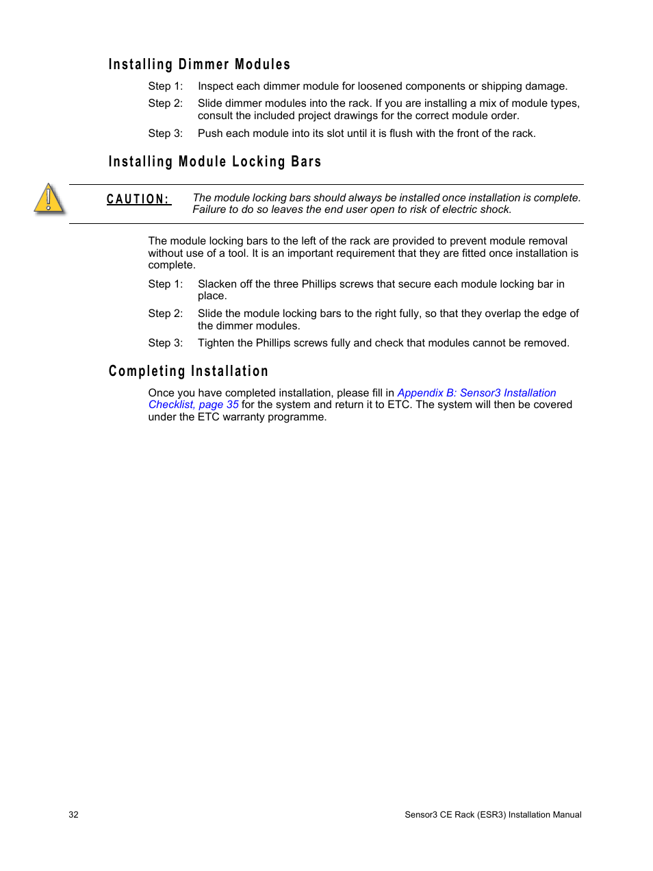 Installing dimmer modules, Installing module locking bars, Completing installation | ETC Sensor3 CE (ESR3) Rack User Manual | Page 40 / 48