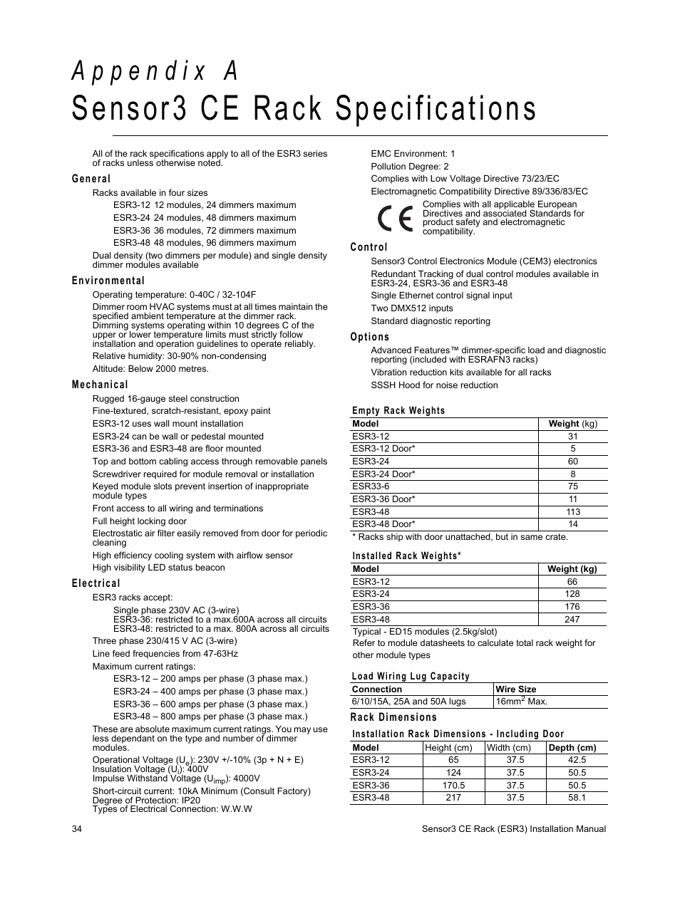 Sensor3 ce rack specifications, A p p e n d i x a, Appendix a: sensor3 ce rack | Appendix a: sensor3 ce, Appendix a | ETC Sensor3 CE (ESR3) Rack User Manual | Page 42 / 48