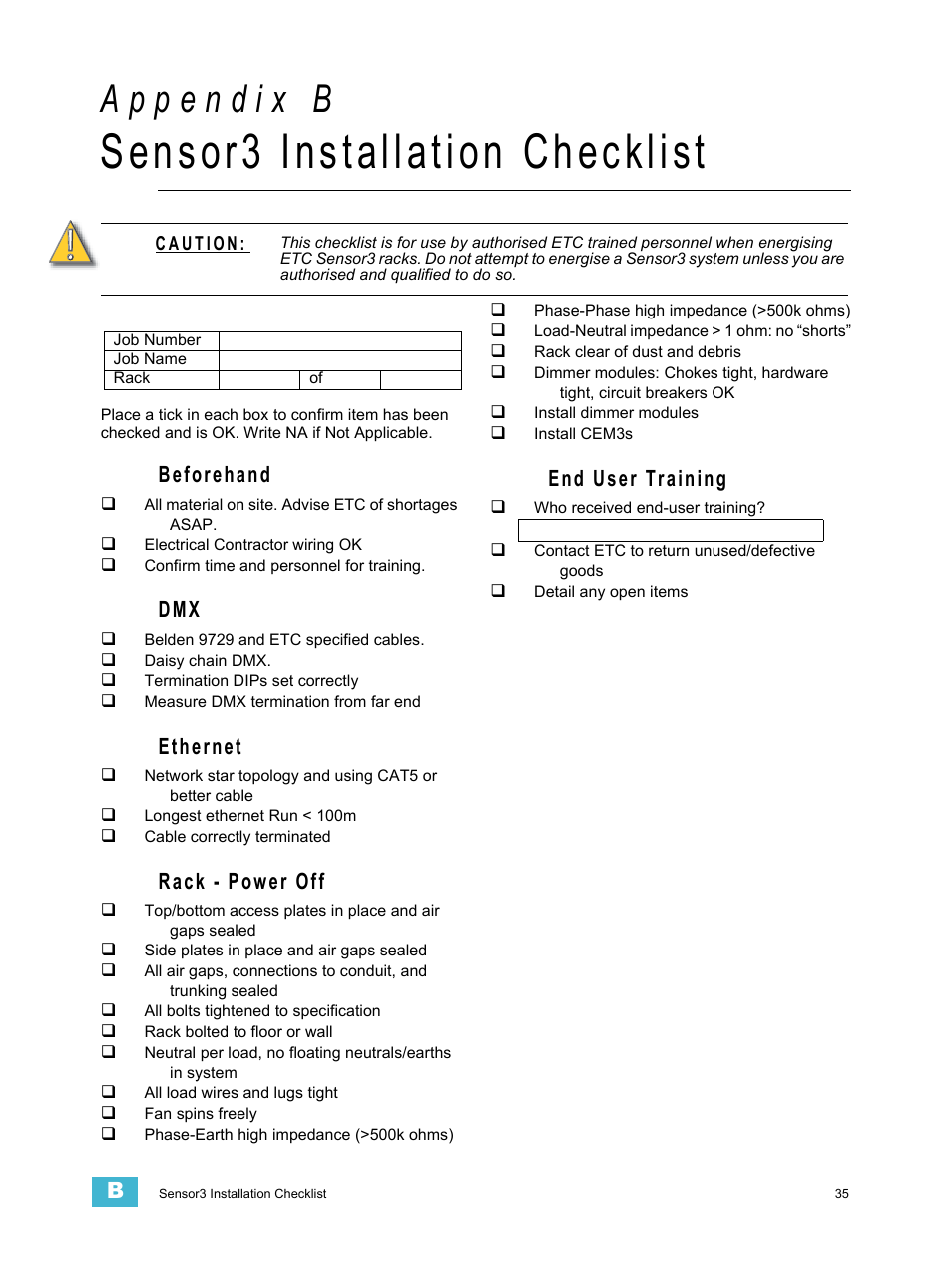 Sensor3 installation checklist, Beforehand, Ethernet | Rack - power off, End user training, A p p e n d i x b, Appendix b: sensor3 installation | ETC Sensor3 CE (ESR3) Rack User Manual | Page 43 / 48