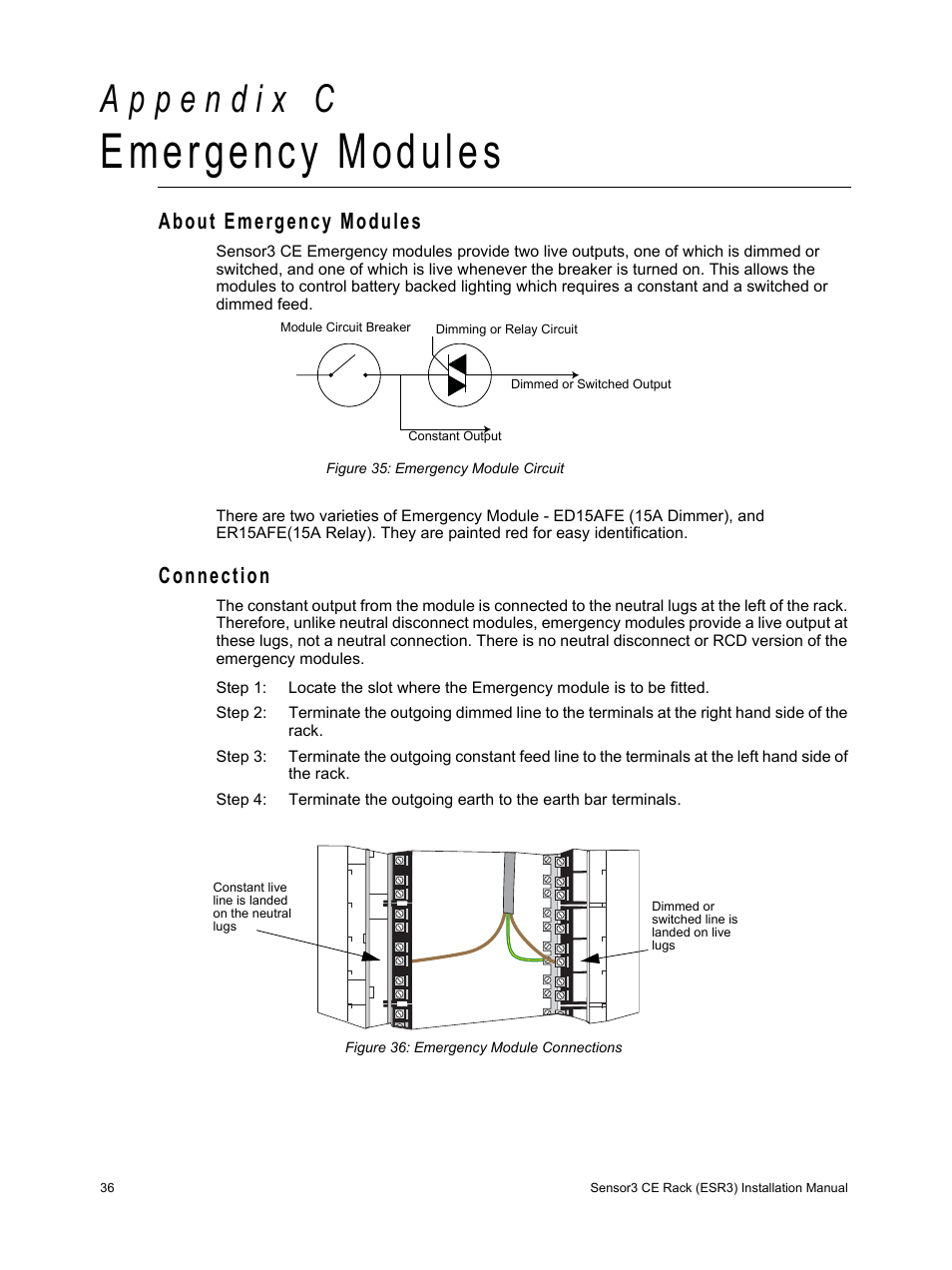 Emergency modules, About emergency modules, Connection | A p p e n d i x c, About emergency modules connection | ETC Sensor3 CE (ESR3) Rack User Manual | Page 44 / 48