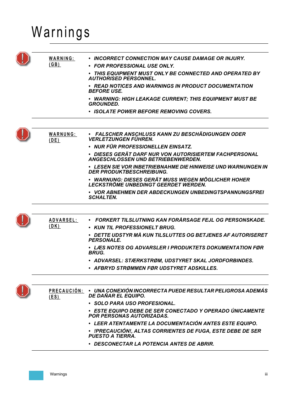 Warnings | ETC Sensor3 CE (ESR3) Rack User Manual | Page 5 / 48