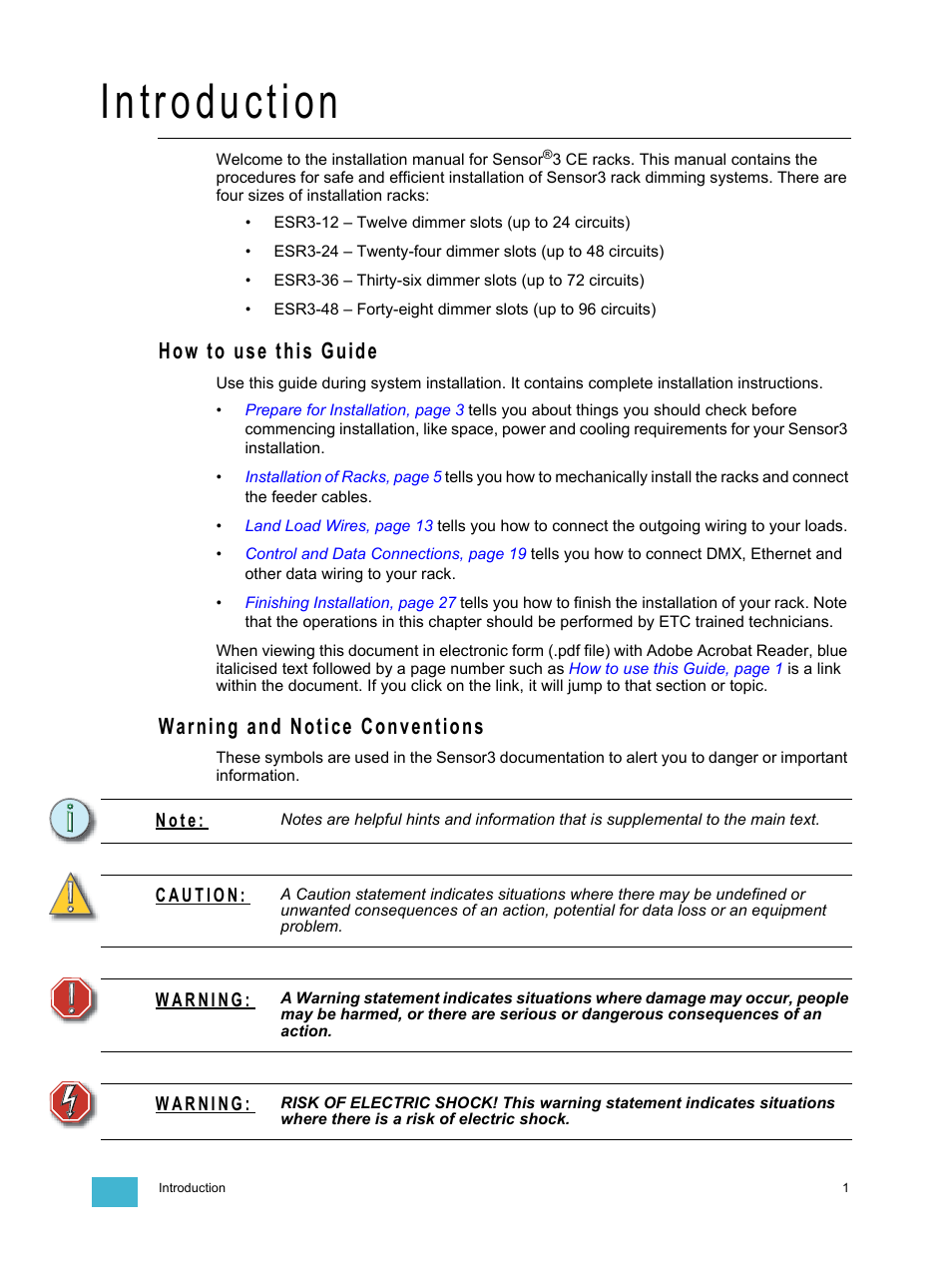 Introduction, How to use this guide, Warning and notice conventions | ETC Sensor3 CE (ESR3) Rack User Manual | Page 9 / 48