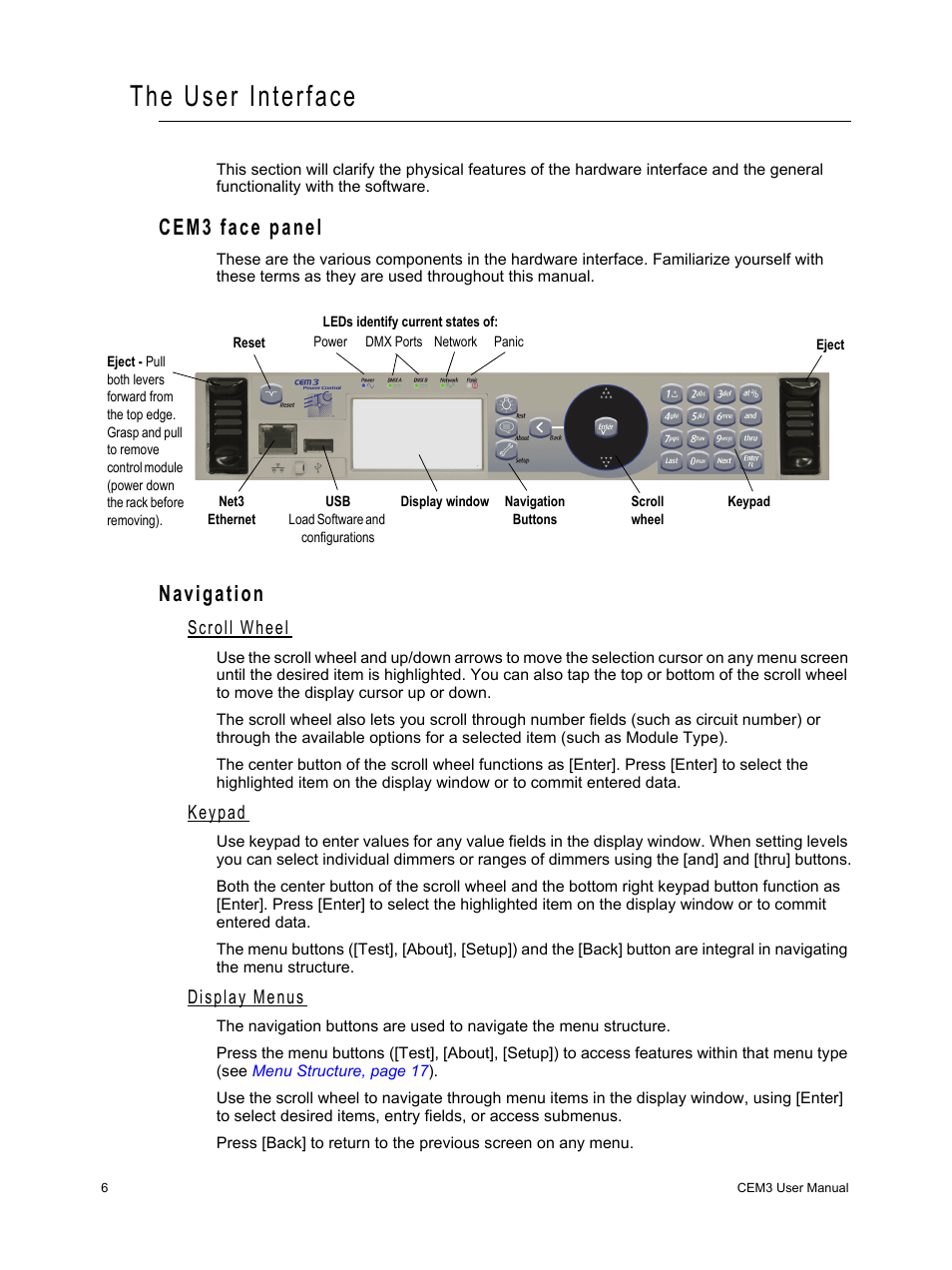 The user interface, Cem3 face panel, Navigation | Scroll wheel, Keypad, Display menus, Cem3 face panel navigation | ETC CEM3 v1.5.1 User Manual | Page 12 / 76