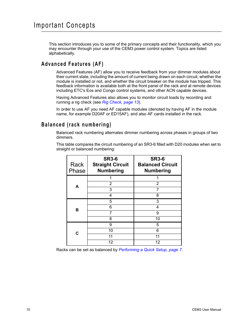 Important concepts, Advanced features (af), Balanced (rack numbering) | Advanced features (af) balanced (rack numbering), Rack phase | ETC CEM3 v1.5.1 User Manual | Page 16 / 76