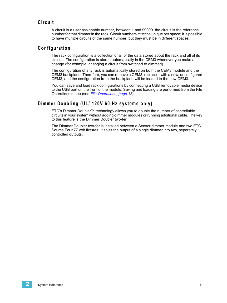 Circuit, Configuration, Dimmer doubling (ul/ 120v 60 hz systems only) | ETC CEM3 v1.5.1 User Manual | Page 17 / 76