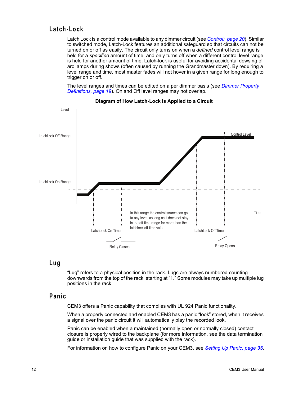 Latch-lock, Panic, Latch-lock lug panic | ETC CEM3 v1.5.1 User Manual | Page 18 / 76
