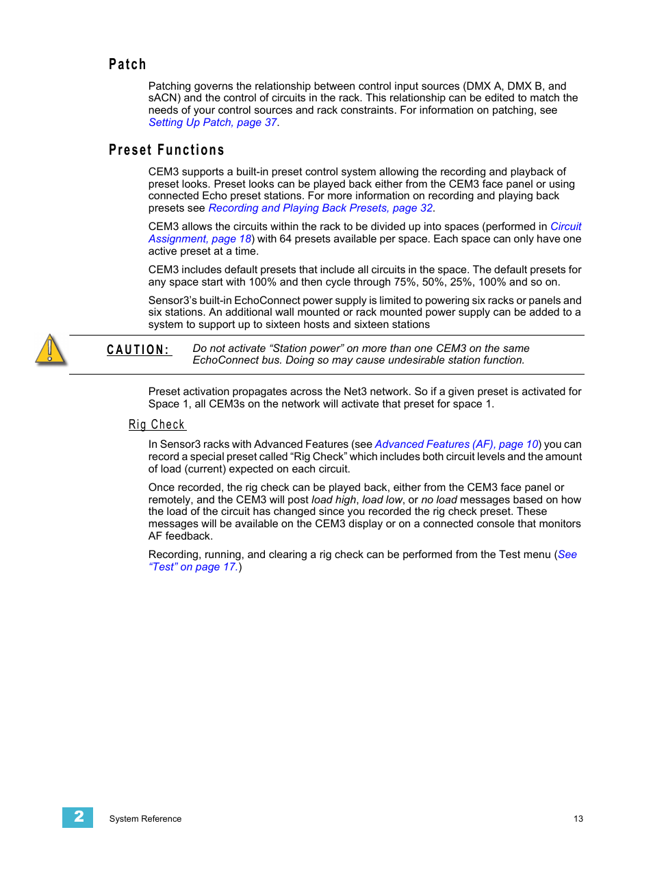 Patch, Preset functions, Rig check | Patch preset functions | ETC CEM3 v1.5.1 User Manual | Page 19 / 76