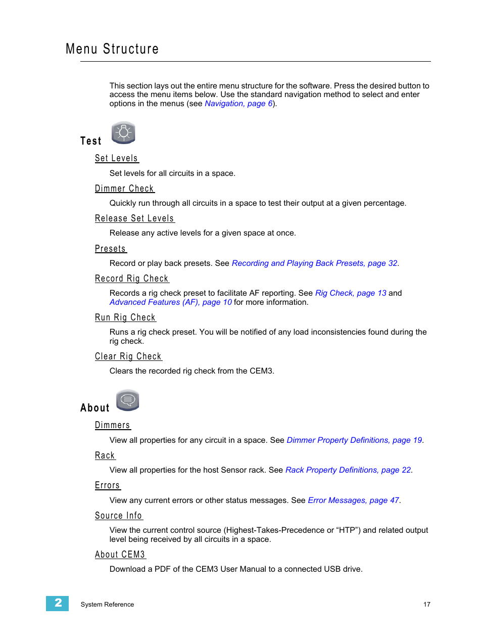 Menu structure, Test, Set levels | Dimmer check, Release set levels, Presets, Record rig check, Run rig check, Clear rig check, About | ETC CEM3 v1.5.1 User Manual | Page 23 / 76