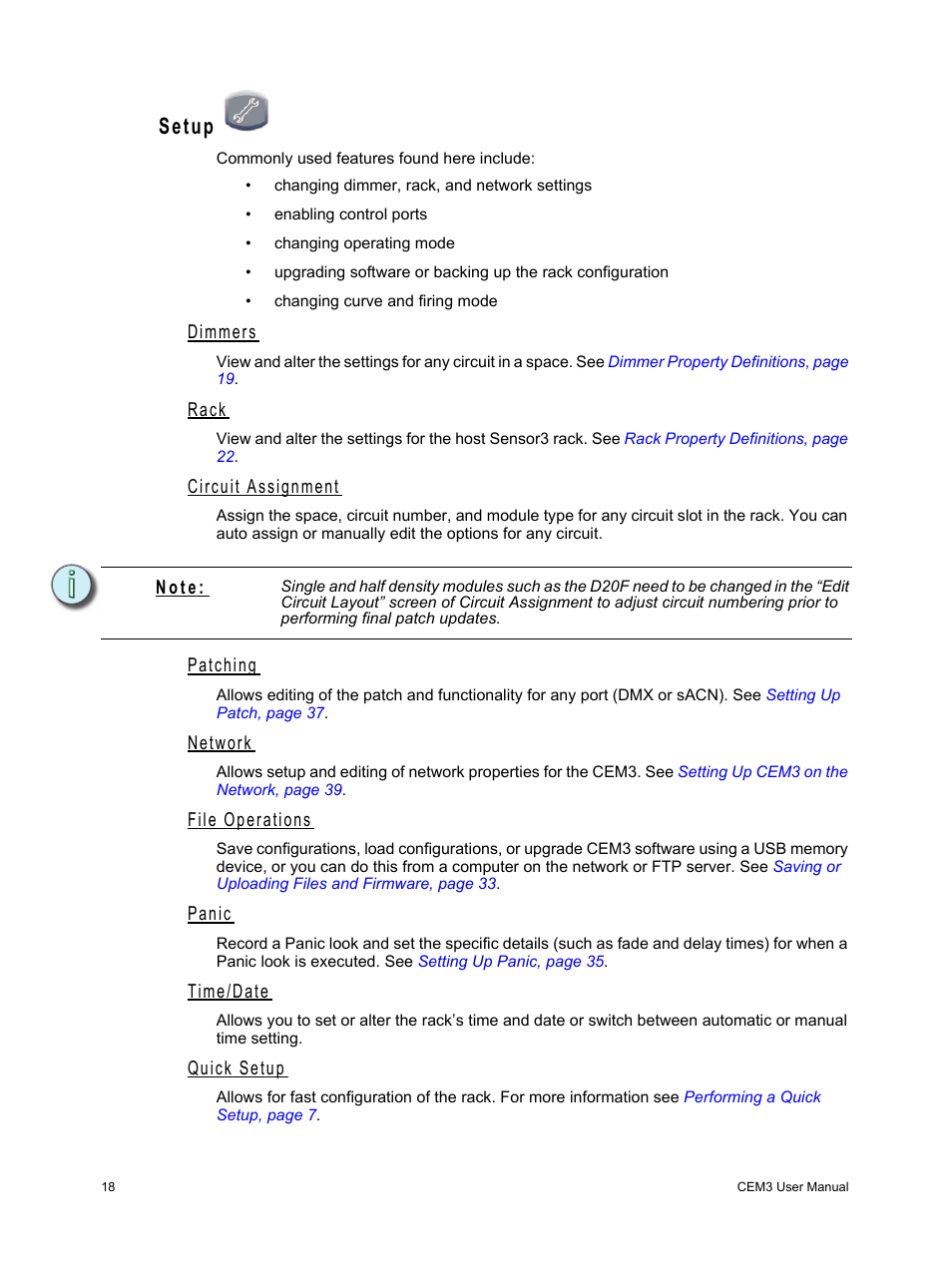 Setup, Dimmers, Rack | Circuit assignment, Patching, Network, File operations, Panic, Time/date, Quick setup | ETC CEM3 v1.5.1 User Manual | Page 24 / 76