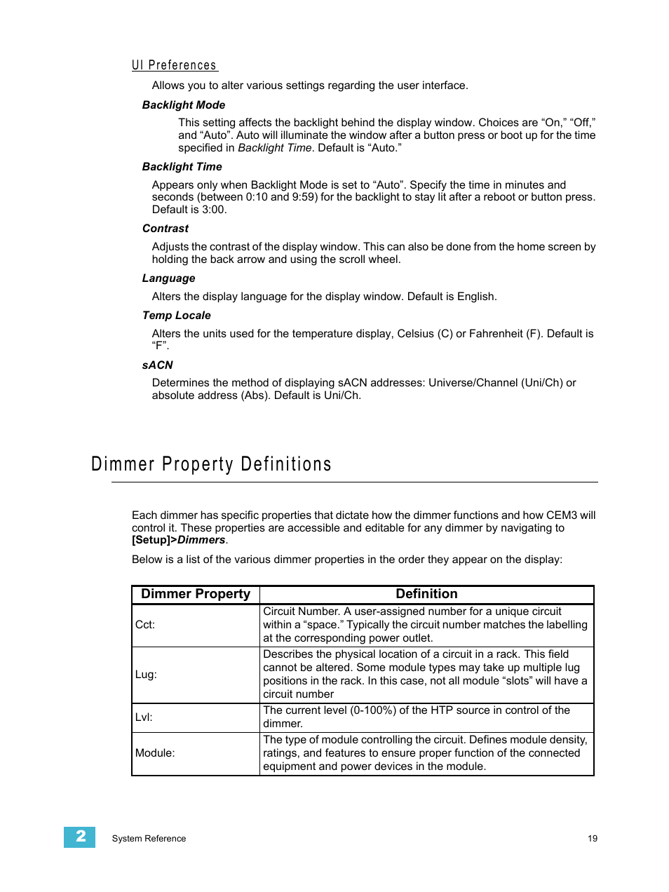Ui preferences, Backlight mode, Backlight time | Contrast, Language, Temp locale, Sacn, Dimmer property definitions, Dimmer property | ETC CEM3 v1.5.1 User Manual | Page 25 / 76
