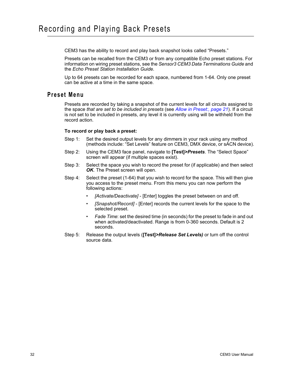 Recording and playing back presets, Preset menu | ETC CEM3 v1.5.1 User Manual | Page 38 / 76