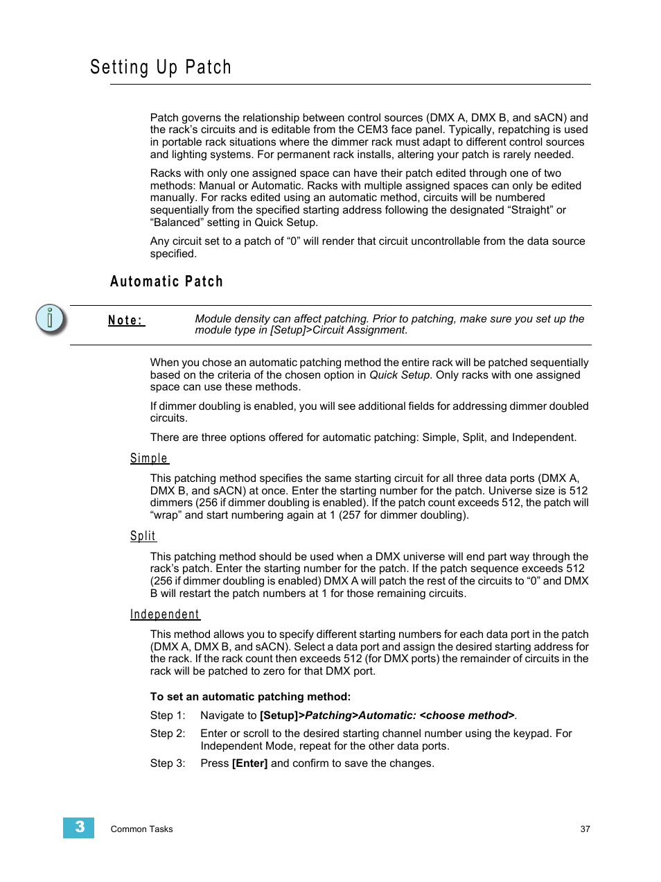 Setting up patch, Automatic patch, Simple | Split, Independent | ETC CEM3 v1.5.1 User Manual | Page 43 / 76