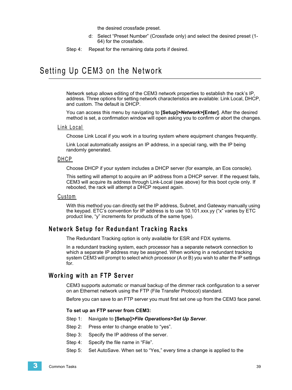 Setting up cem3 on the network, Link local, Dhcp | Custom, Network setup for redundant tracking racks, Working with an ftp server, Working with an ftp, Working with an | ETC CEM3 v1.5.1 User Manual | Page 45 / 76