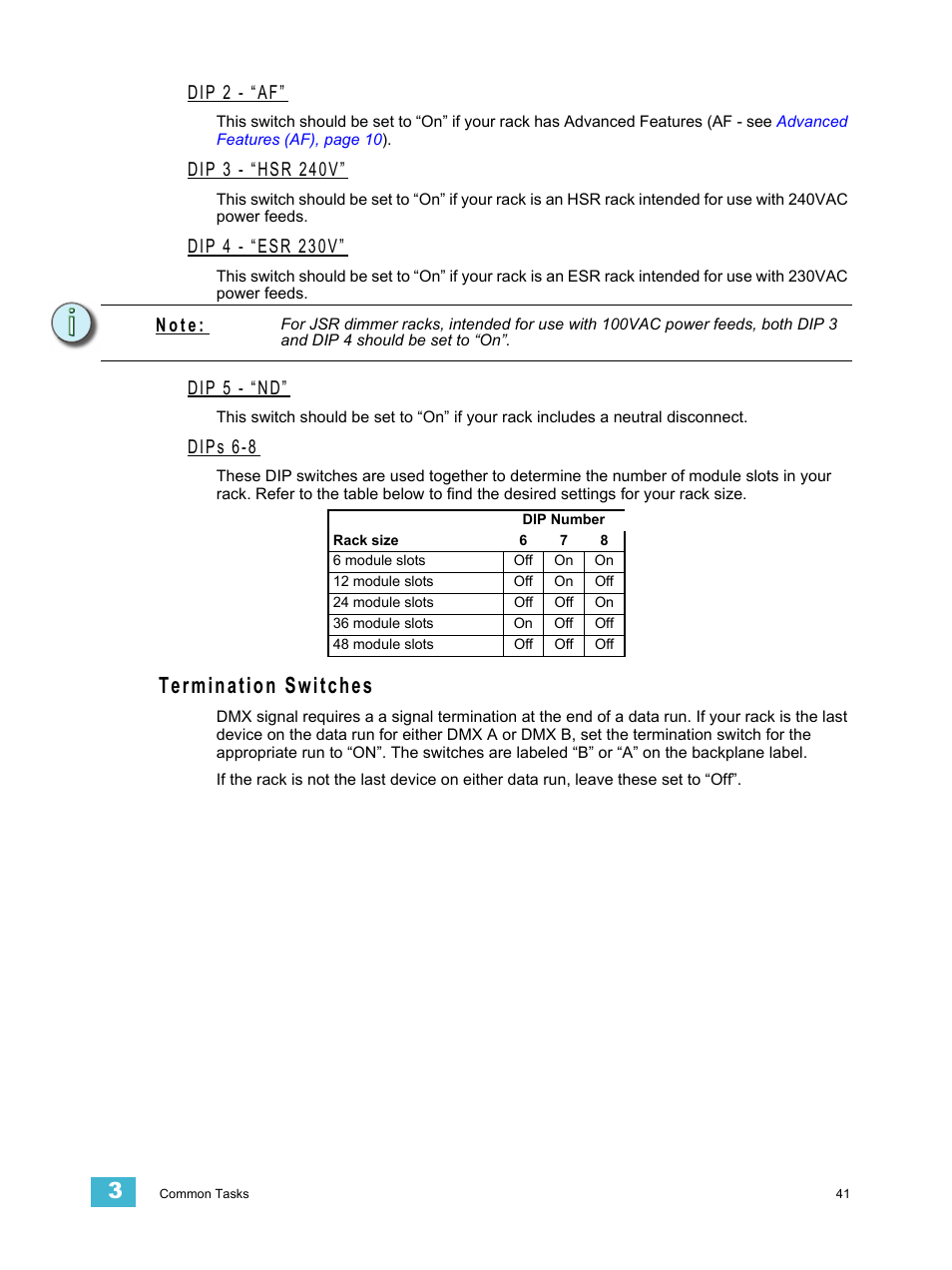 Dip 2 - “af, Dip 3 - “hsr 240v, Dip 4 - “esr 230v | Dip 5 - “nd, Dips 6-8, Termination switches, N o t e | ETC CEM3 v1.5.1 User Manual | Page 47 / 76