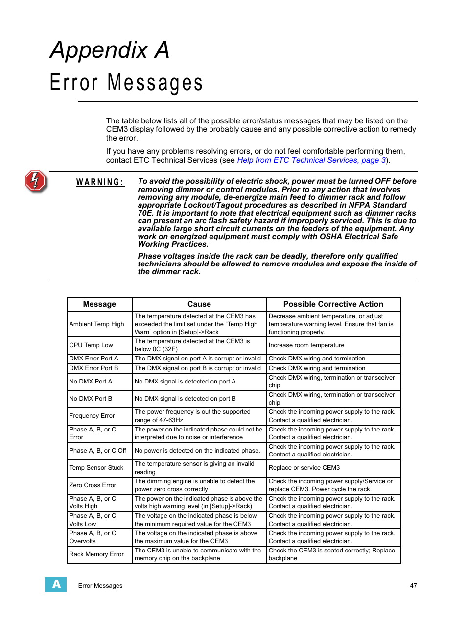 Error messages, A p p e n d i x a, Appendix a error messages | ETC CEM3 v1.5.1 User Manual | Page 53 / 76