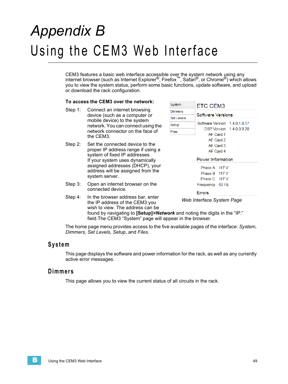 Using the cem3 web interface, System, Dimmers | A p p e n d i x b, System dimmers, Using the, Using, Appendix b using the cem3 web interface | ETC CEM3 v1.5.1 User Manual | Page 55 / 76