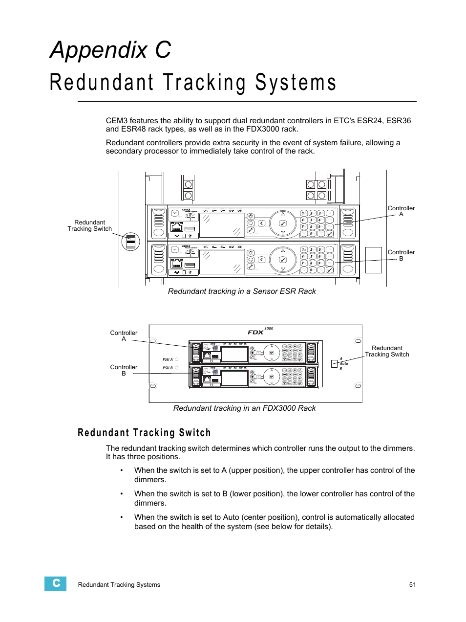 Redundant tracking systems, Redundant tracking switch, A p p e n d i x c | Appendix c redundant tracking systems, Redundant tracking in a sensor esr rack, Redundant tracking in an fdx3000 rack, Redundant tracking systems 51 | ETC CEM3 v1.5.1 User Manual | Page 57 / 76