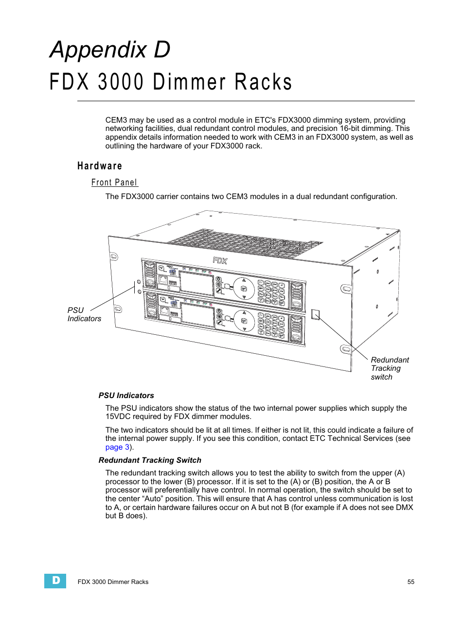 Fdx 3000 dimmer racks, Hardware, Front panel | Psu indicators, Redundant tracking switch, A p p e n d i x d, Appendix d fdx 3000 dimmer racks | ETC CEM3 v1.5.1 User Manual | Page 61 / 76