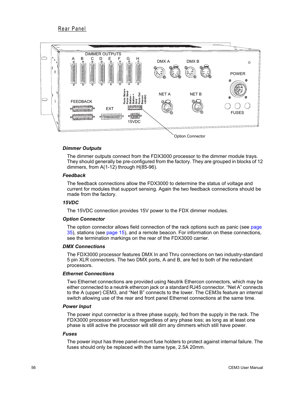 Rear panel, Dimmer outputs, Feedback | 15vdc, Option connector, Dmx connections, Ethernet connections, Power input, Fuses | ETC CEM3 v1.5.1 User Manual | Page 62 / 76