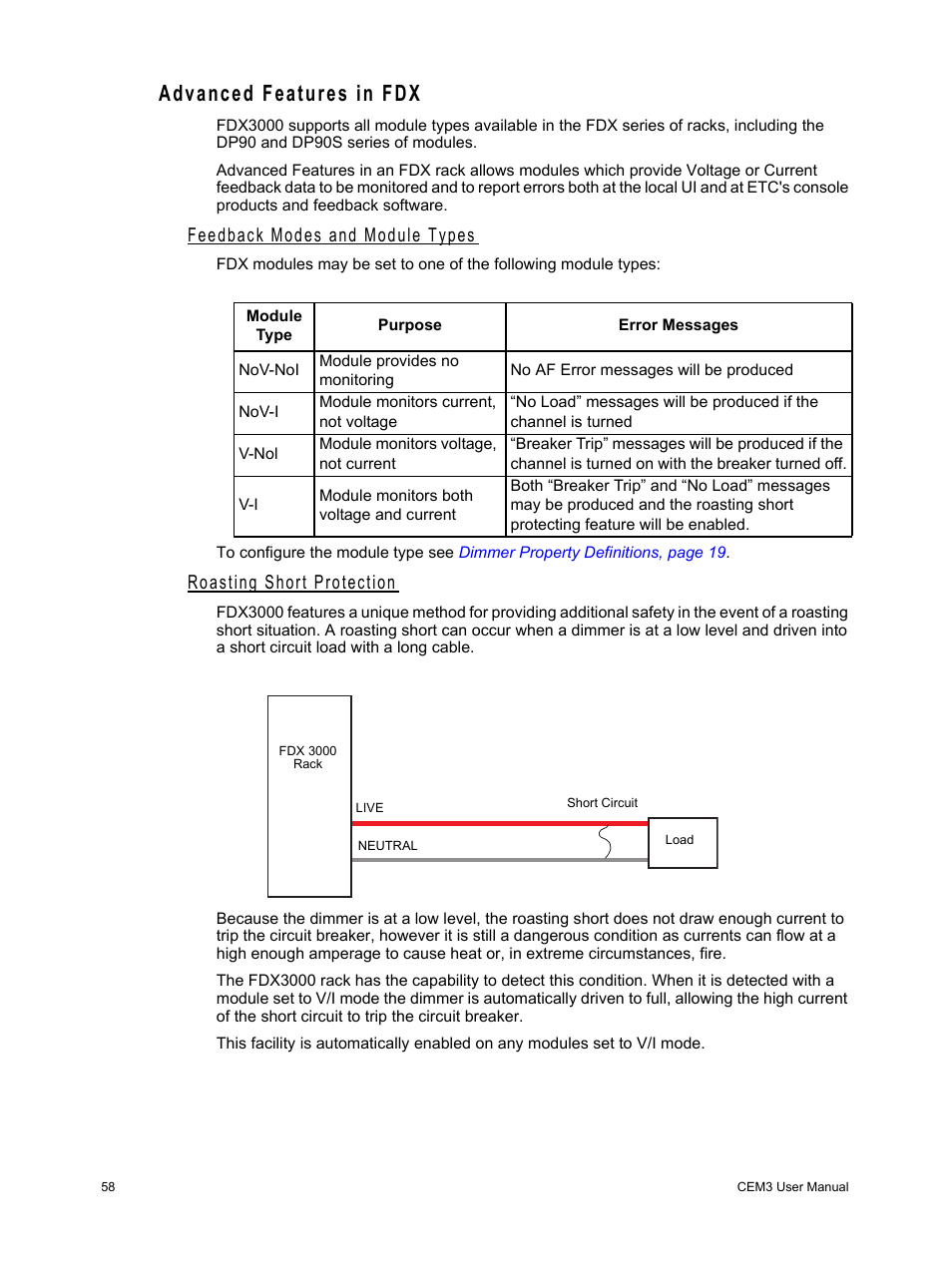 Advanced features in fdx, Feedback modes and module types, Roasting short protection | ETC CEM3 v1.5.1 User Manual | Page 64 / 76
