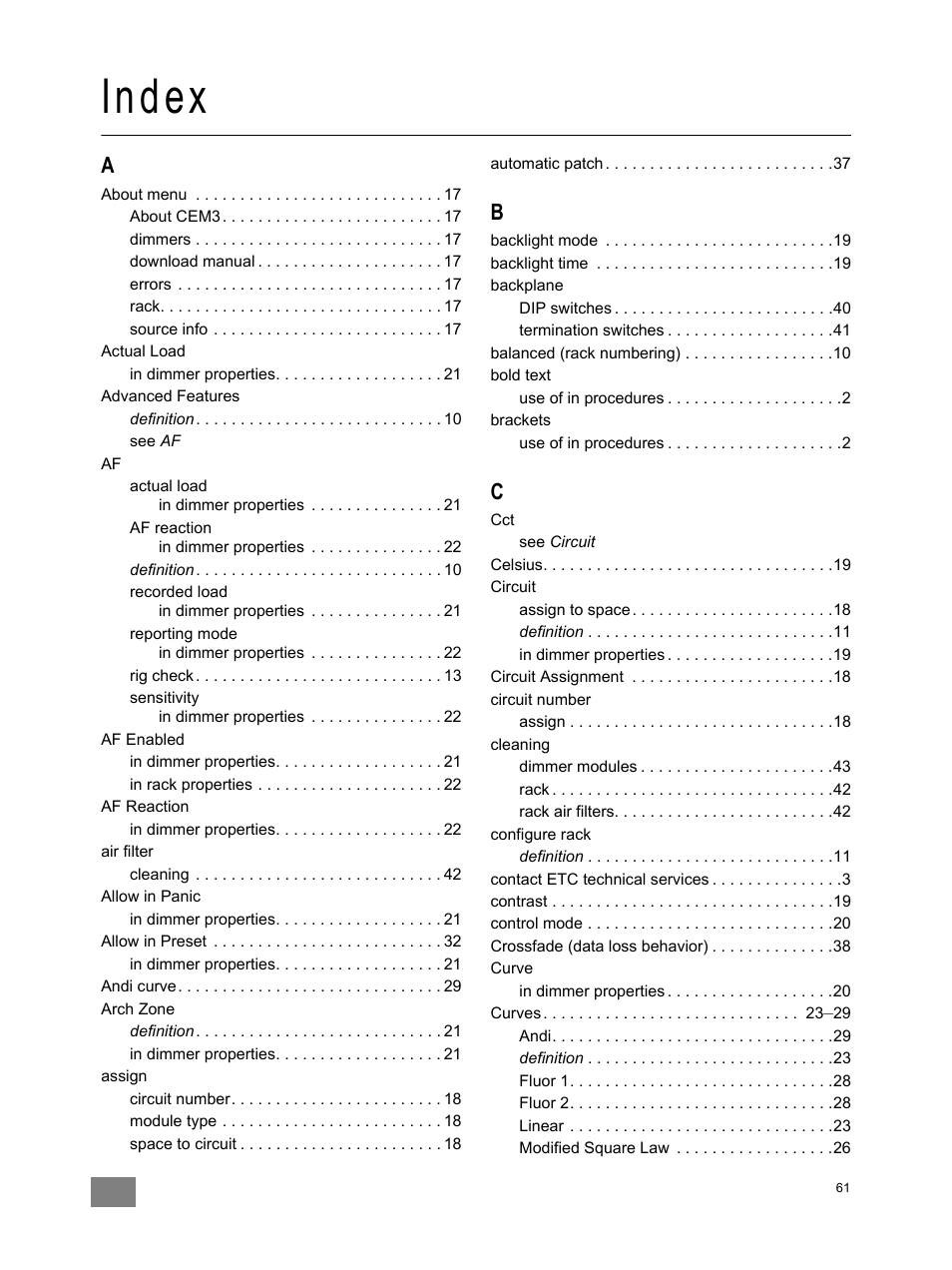 Index | ETC CEM3 v1.5.1 User Manual | Page 67 / 76