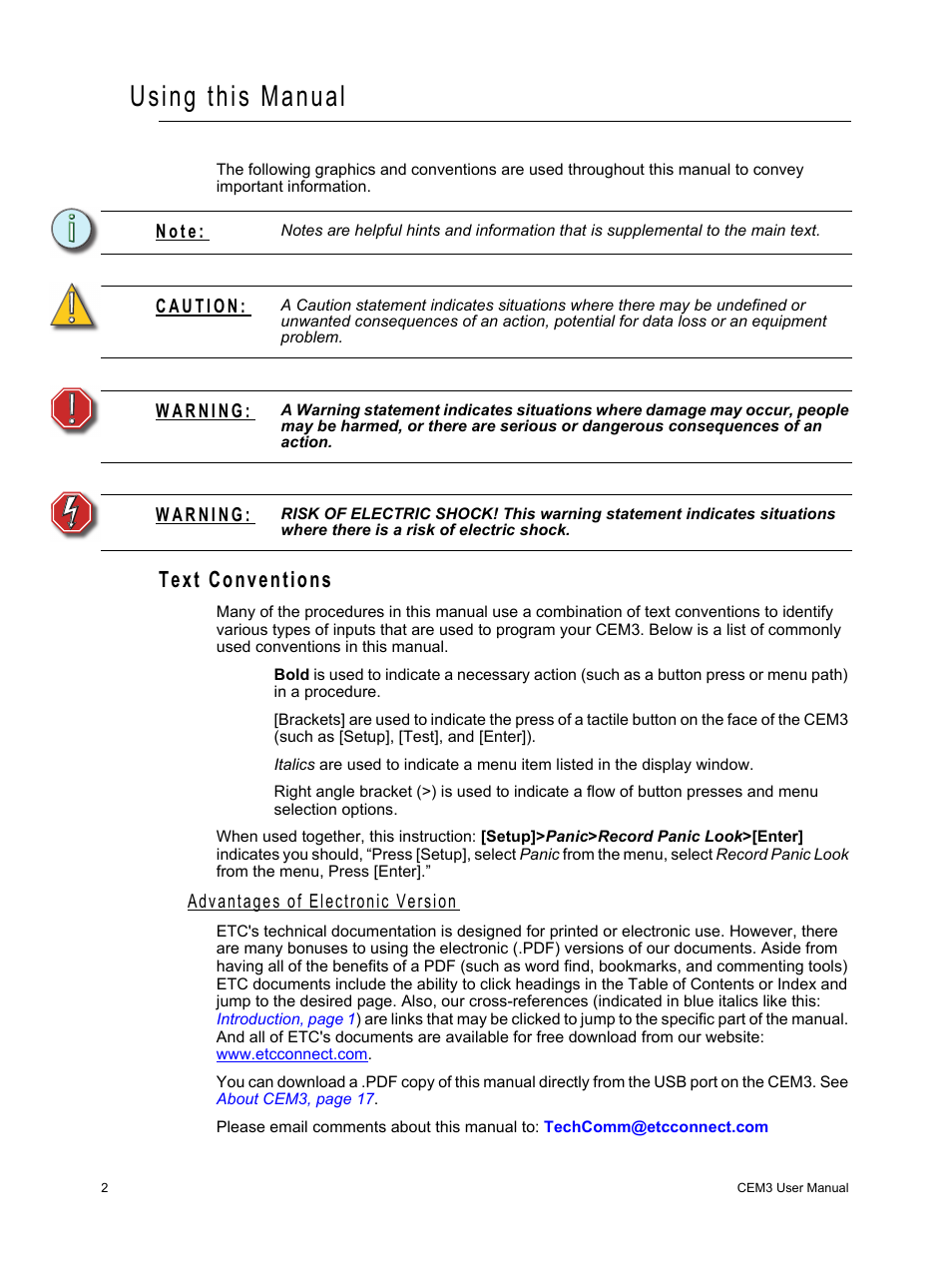 Using this manual, Text conventions, Advantages of electronic version | ETC CEM3 v1.5.1 User Manual | Page 8 / 76