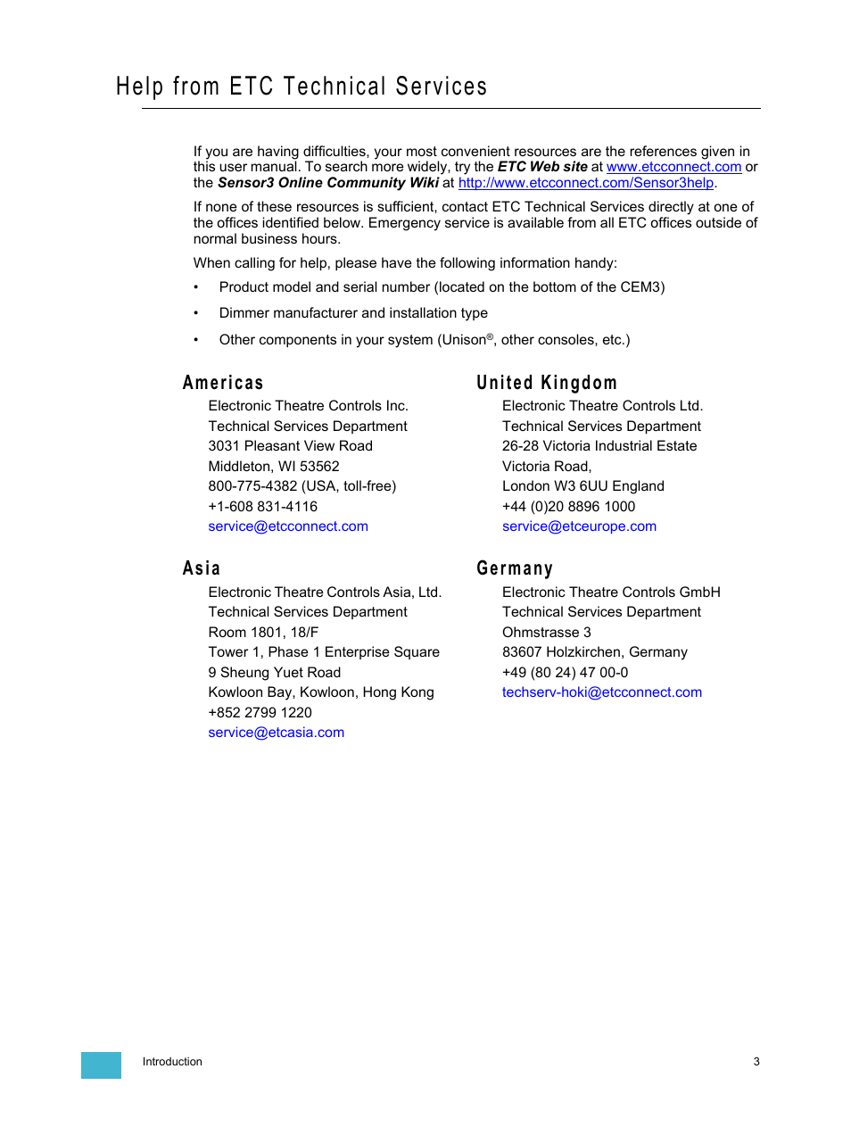 Help from etc technical services, Americas united kingdom, Asia germany | ETC CEM3 v1.5.1 User Manual | Page 9 / 76
