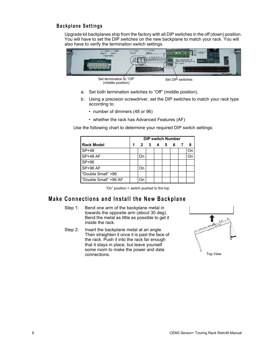 Make connections and install the new backplane, Backplane settings | ETC Sensor+ Touring Rack CEM+ to CEM3 Retrofit User Manual | Page 10 / 20