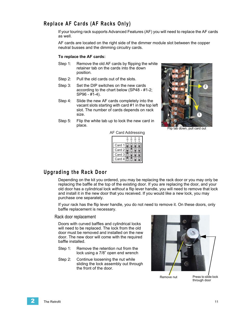 Replace af cards (af racks only), Upgrading the rack door, Rack door replacement | ETC Sensor+ Touring Rack CEM+ to CEM3 Retrofit User Manual | Page 13 / 20