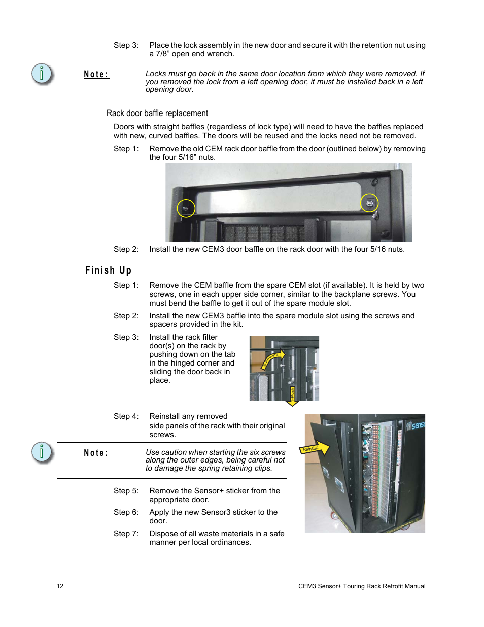 Finish up, Rack door baffle replacement, N o t e | ETC Sensor+ Touring Rack CEM+ to CEM3 Retrofit User Manual | Page 14 / 20