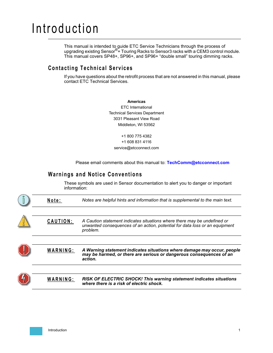 Introduction, Contacting technical services, Warnings and notice conventions | ETC Sensor+ Touring Rack CEM+ to CEM3 Retrofit User Manual | Page 3 / 20