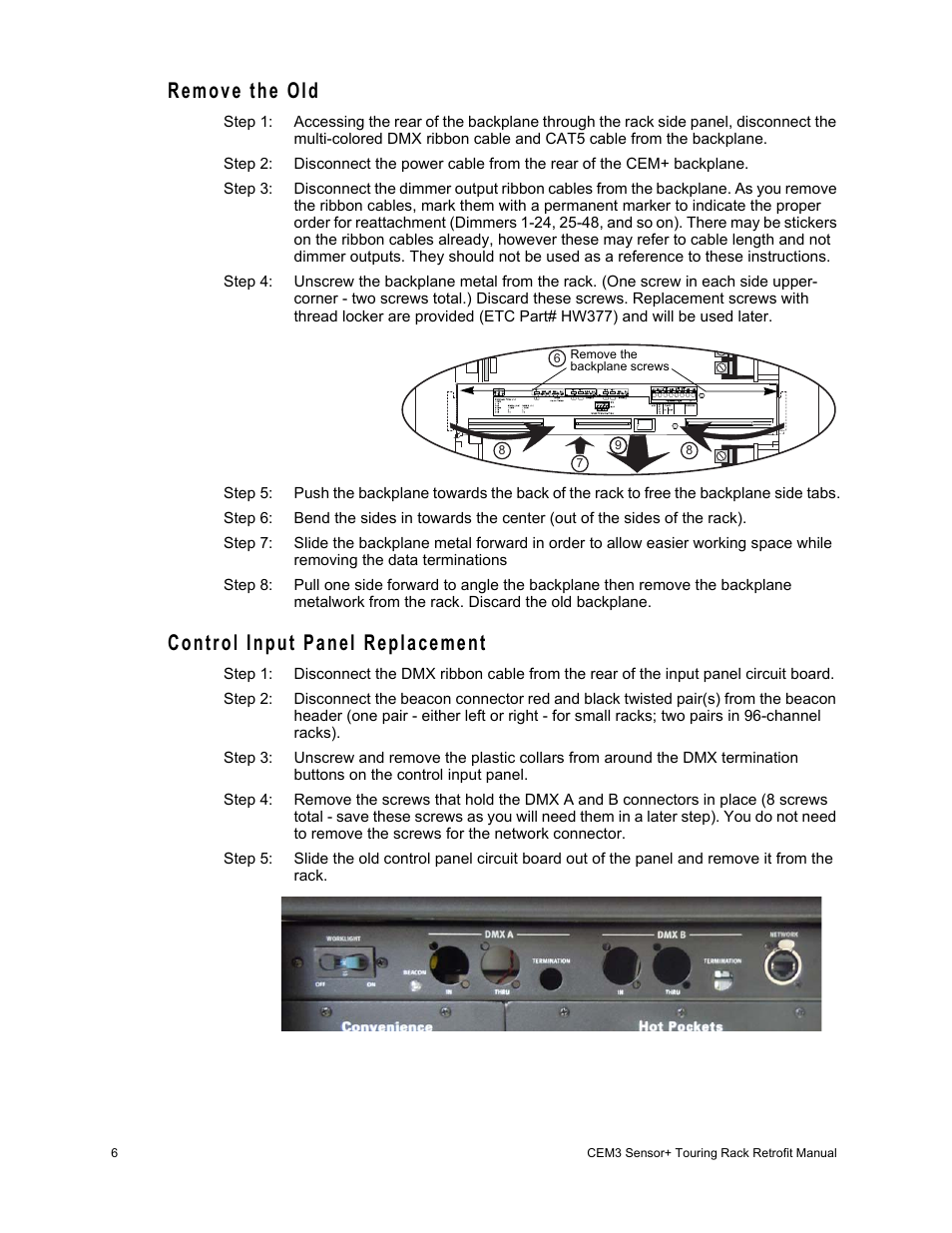 Remove the old, Control input panel replacement | ETC Sensor+ Touring Rack CEM+ to CEM3 Retrofit User Manual | Page 8 / 20
