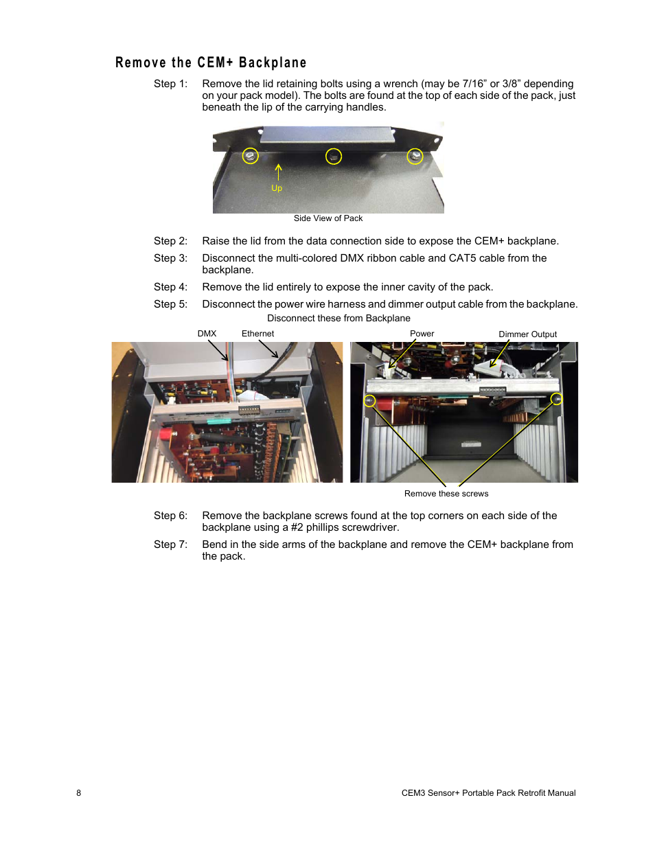 Remove the cem+ backplane | ETC Sensor+ Portable Pack CEM+ to CEM3 Retrofit User Manual | Page 10 / 20