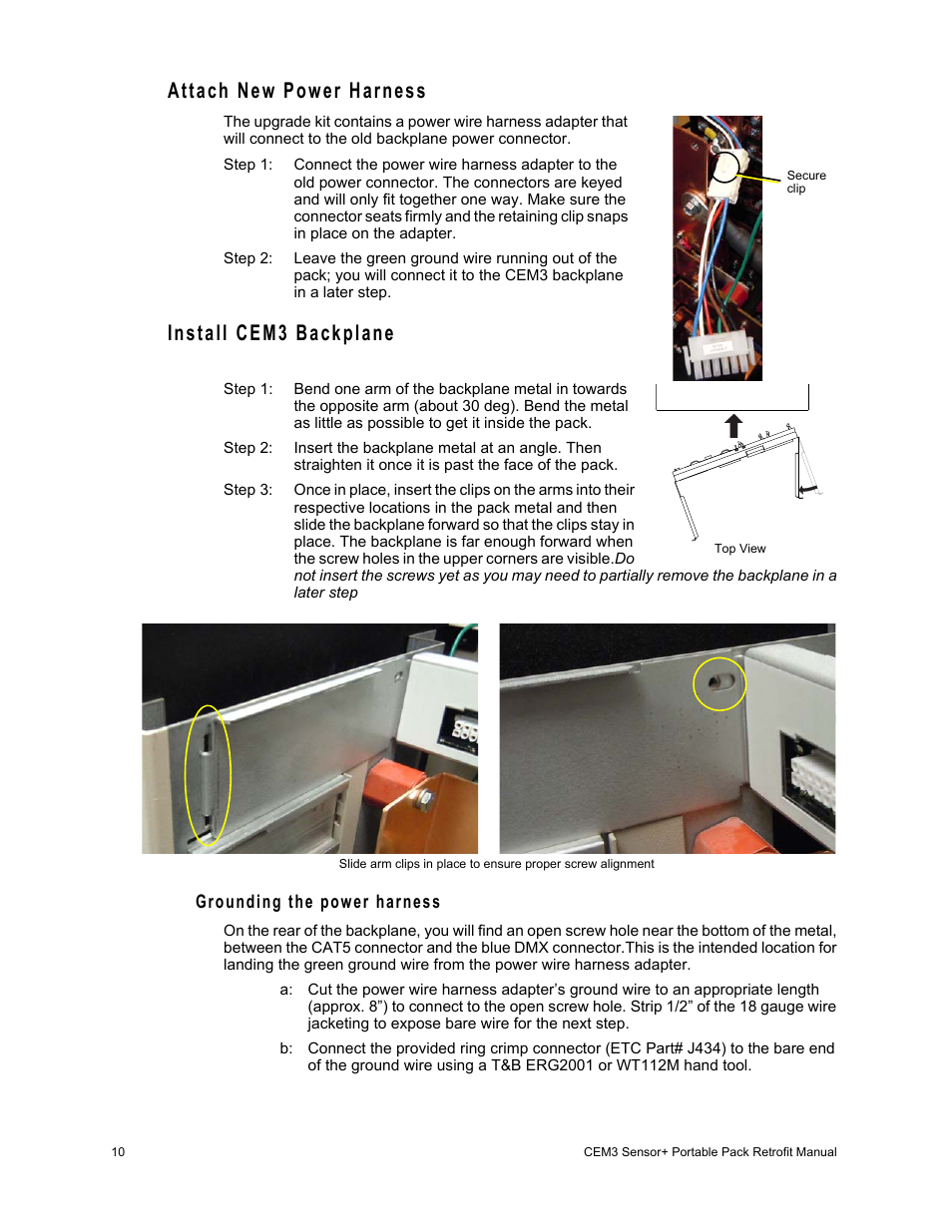 Attach new power harness, Install cem3 backplane | ETC Sensor+ Portable Pack CEM+ to CEM3 Retrofit User Manual | Page 12 / 20