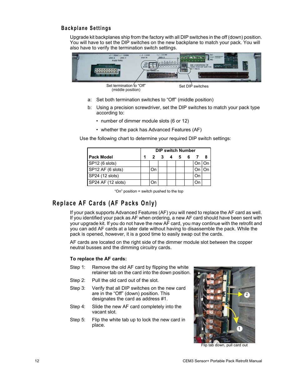 Replace af cards (af packs only), Backplane settings | ETC Sensor+ Portable Pack CEM+ to CEM3 Retrofit User Manual | Page 14 / 20