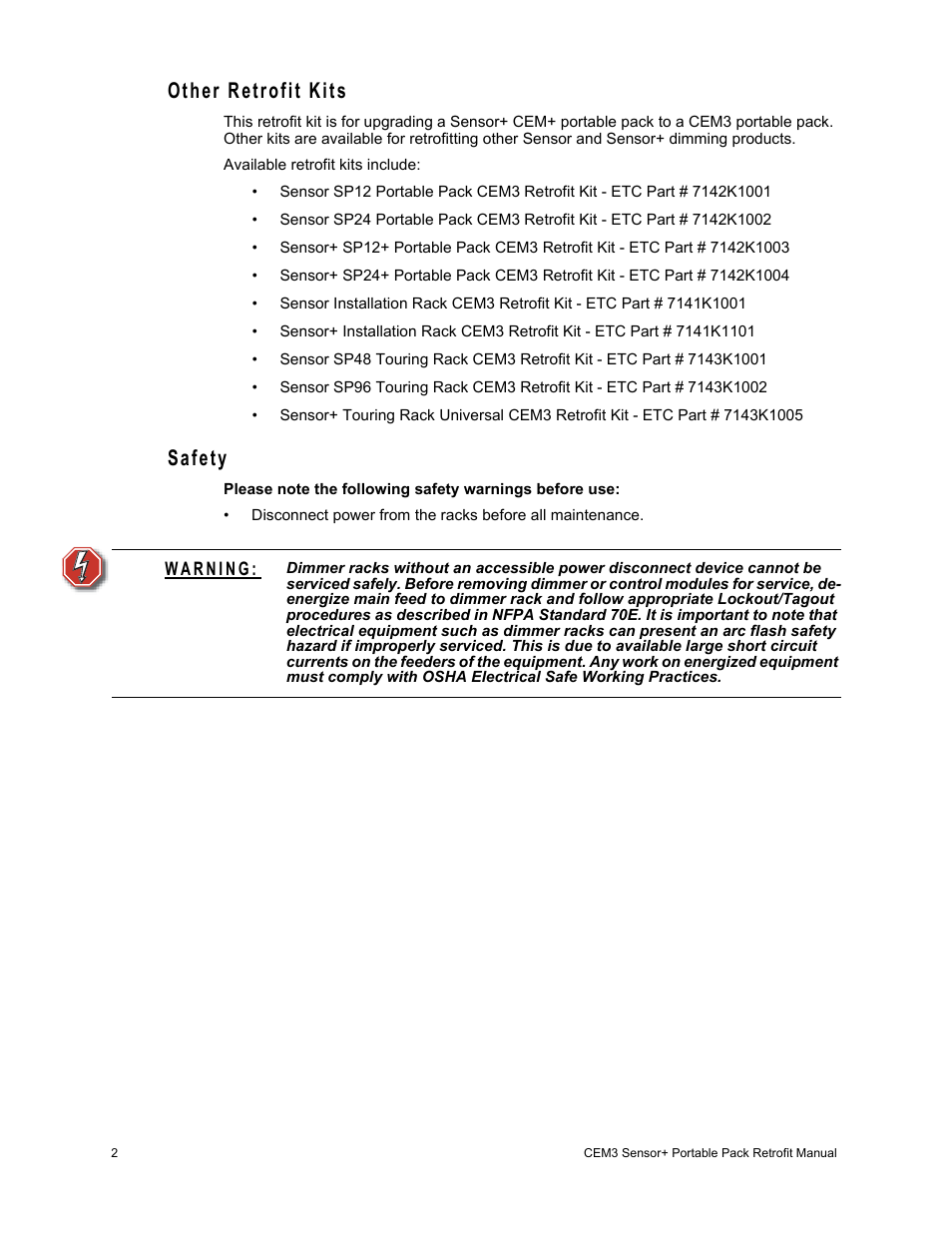 Other retrofit kits, Safety | ETC Sensor+ Portable Pack CEM+ to CEM3 Retrofit User Manual | Page 4 / 20