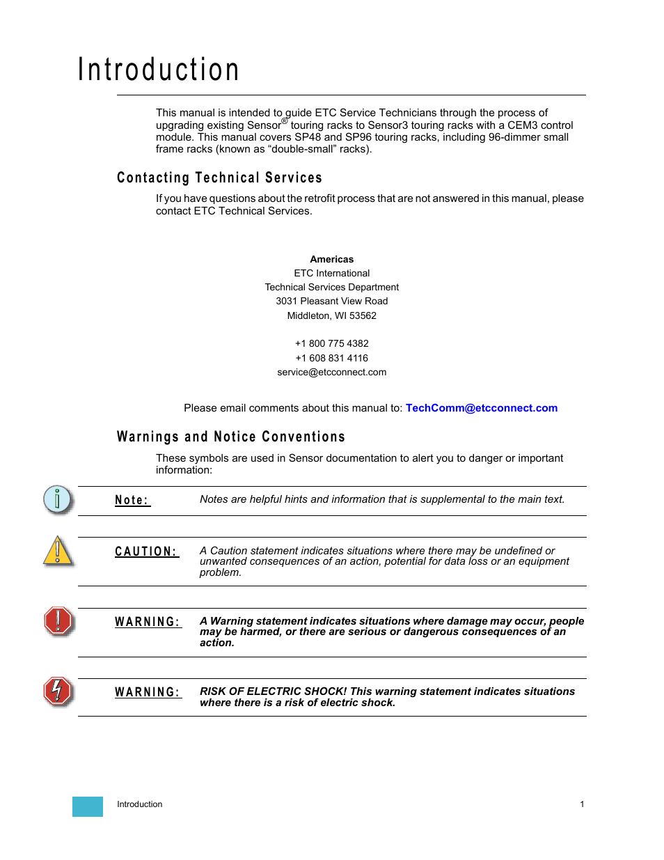 Introduction, Contacting technical services, Warnings and notice conventions | ETC Sensor+ Touring Rack CEM+ to CEM3 Retrofit User Manual | Page 3 / 24