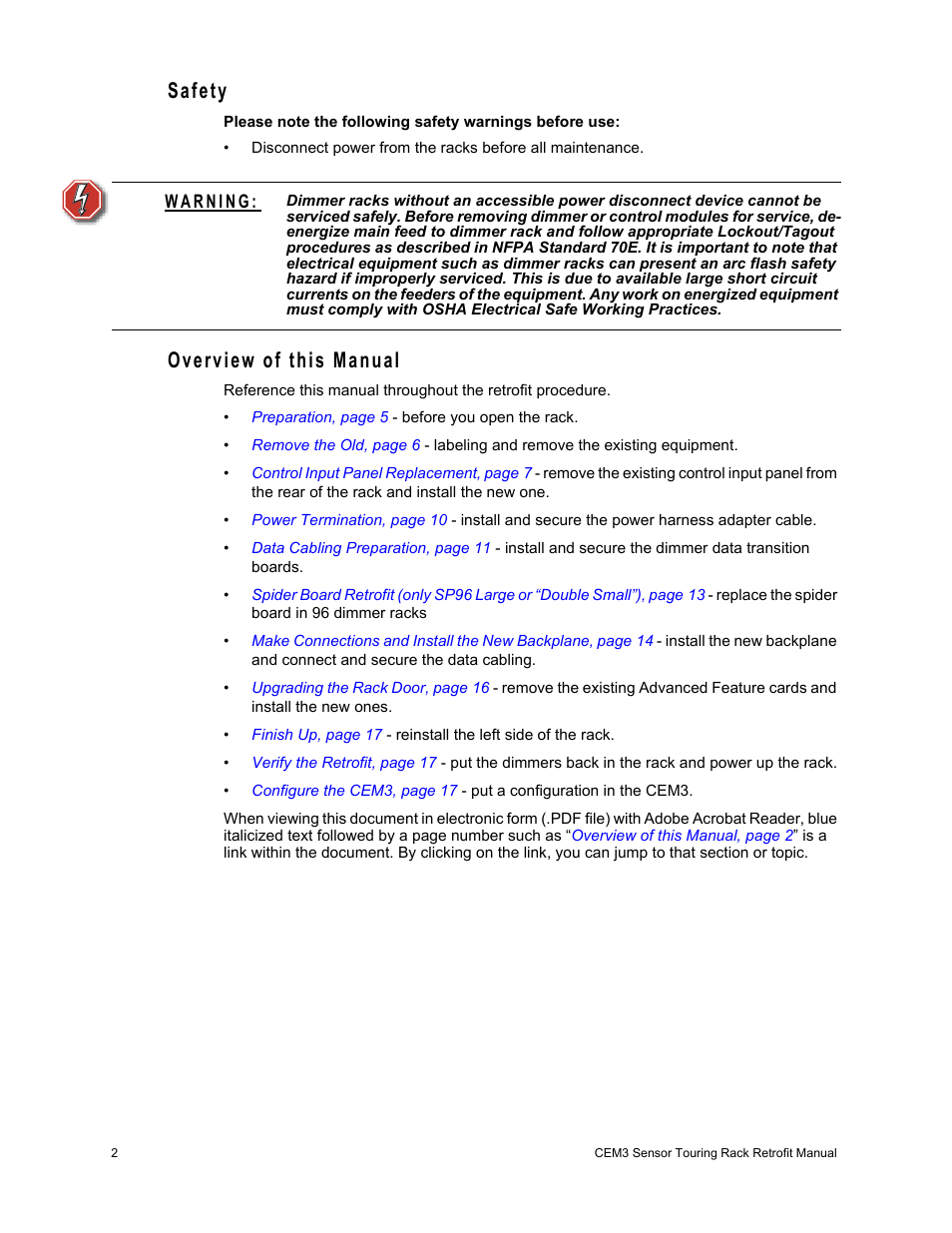 Safety, Overview of this manual | ETC Sensor+ Touring Rack CEM+ to CEM3 Retrofit User Manual | Page 4 / 24