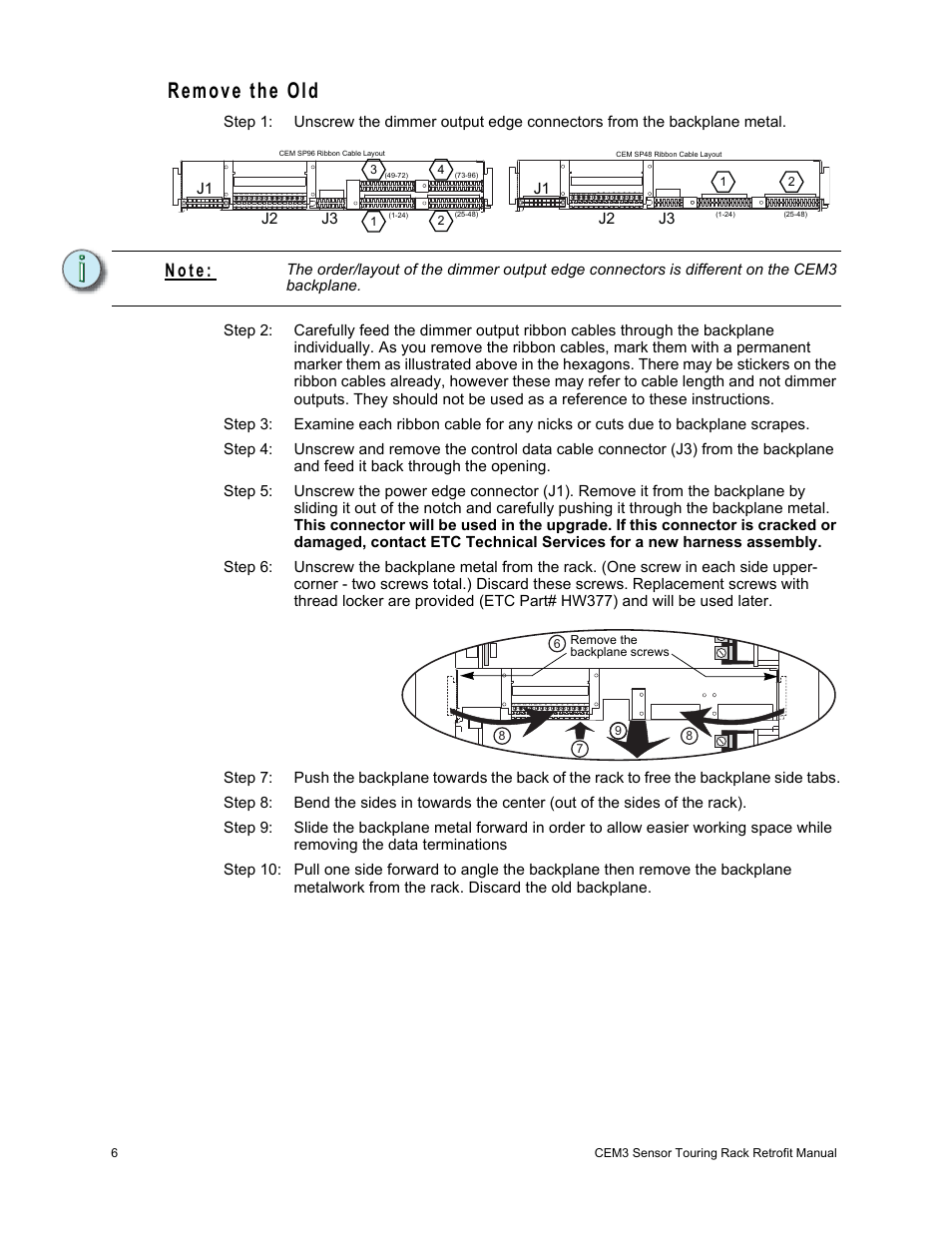 Remove the old, N o t e | ETC Sensor+ Touring Rack CEM+ to CEM3 Retrofit User Manual | Page 8 / 24
