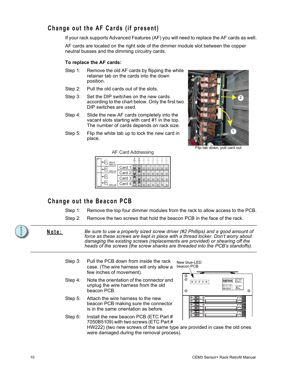 Change out the af cards (if present), Change out the beacon pcb, N o t e | ETC Sensor+ Rack (SR+ HSR+) CEM+ to CEM3 Retrofit User Manual | Page 12 / 16